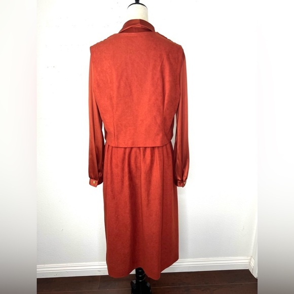 VINTAGE 1970s Sunshine Alley Secretary Dress Rust Orange Midi Matching Vest Vtg - Picture 8 of 13